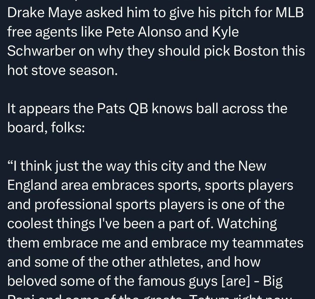 [WEEI] A listener question on @WEEIAfternoons for Drake Maye asked him to give his pitch for MLB free agents like Pete Alonso and Kyle Schwarber on why they should pick Boston this hot stove season.