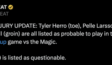 INJURY UPDATE: Tyler Herro (toe), Pelle Larsson (hip), and Davion Mitchell (groin) are all listed as probable to play in tomorrow night's #NBACup game vs the Magic.