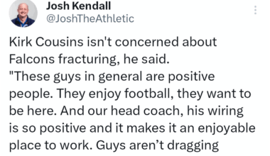 [Kendall] Kirk Cousins isn't concerned about Falcons fracturing, he said. "These guys in general are positive people. They enjoy football, they want to be here. And our head coach, his wiring is so positive and it makes it an enjoyable place to work. Guys aren’t dragging around."