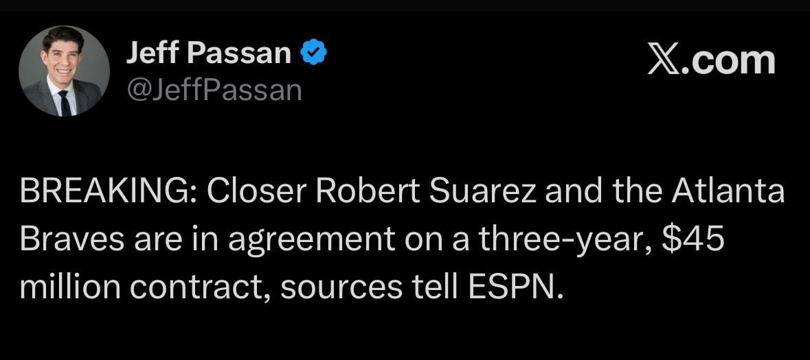 [Passan] BREAKING: Closer Robert Suarez and the Atlanta Braves are in agreement on a three-year, $45 million contract, sources tell ESPN.