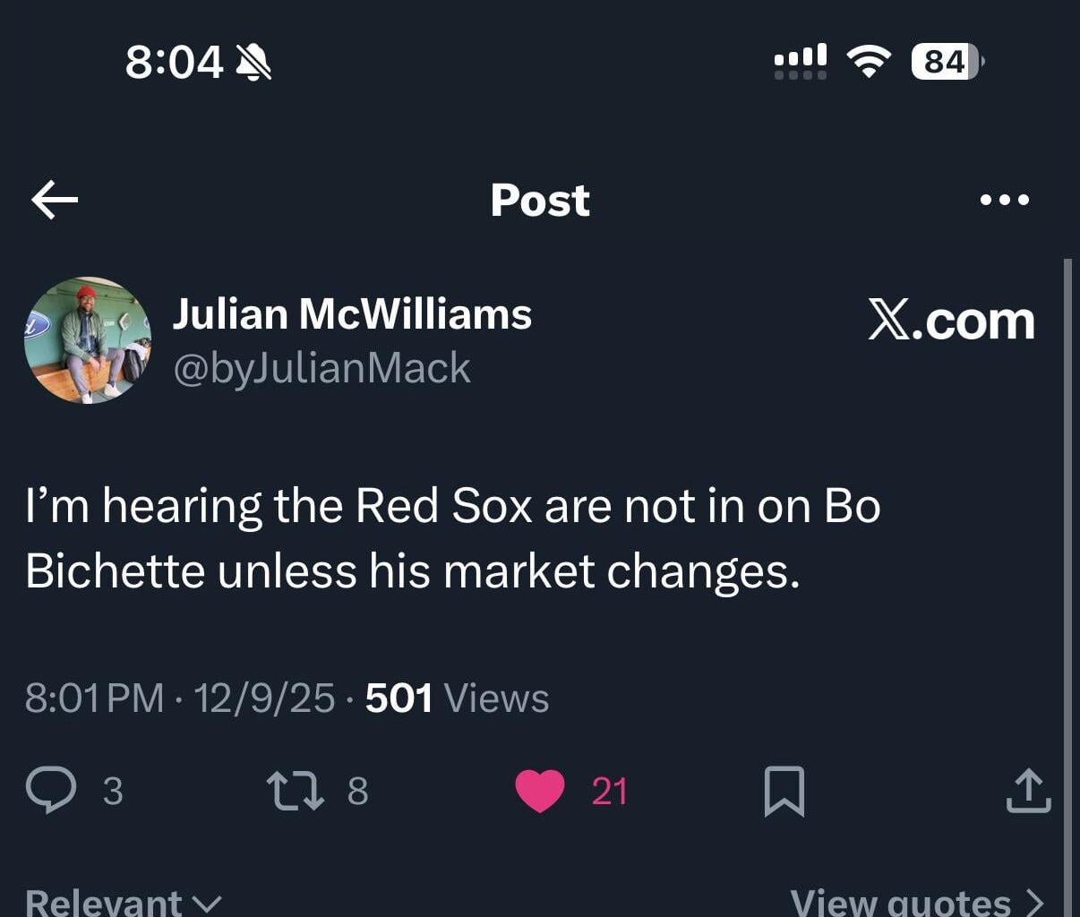 [McWilliams] Sox out on Bichette