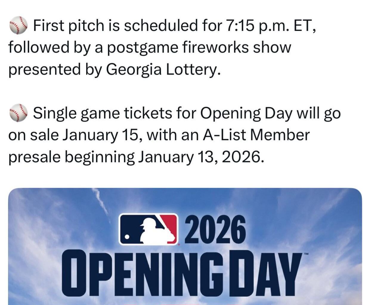 [Braves] The Atlanta Braves Opening Day versus the Kansas City Royals is being moved to Friday, March 27, at Truist Park. First pitch is scheduled for 7:15 p.m. ET, followed by a postgame fireworks show presented by Georgia Lottery.