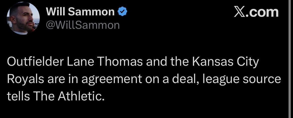 [Sammon] “Outfielder Lane Thomas and the Kansas City Royals are in agreement on a deal, league source tells The Athletic.”