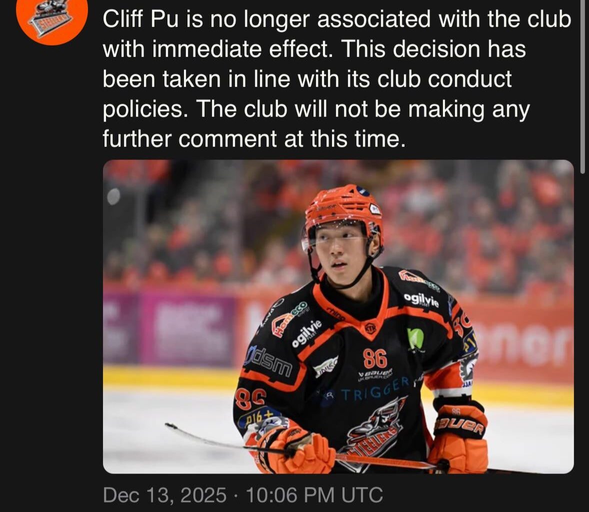 Remember when we traded him for Skinner? [Sheffield Steelers] Cliff Pu is no longer associated with the club with immediate effect. This decision has been taken in line with its club conduct policies. The club will not be making any further comment at this time.