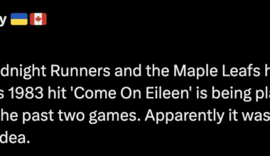 [Hornby] What do Dexys Midnight Runners and the Maple Leafs have in common? The English band's 1983 hit 'Come On Eileen' is being played as a victory song in the room the past two games. Apparently it was resident DJ Scott Laughton's idea.