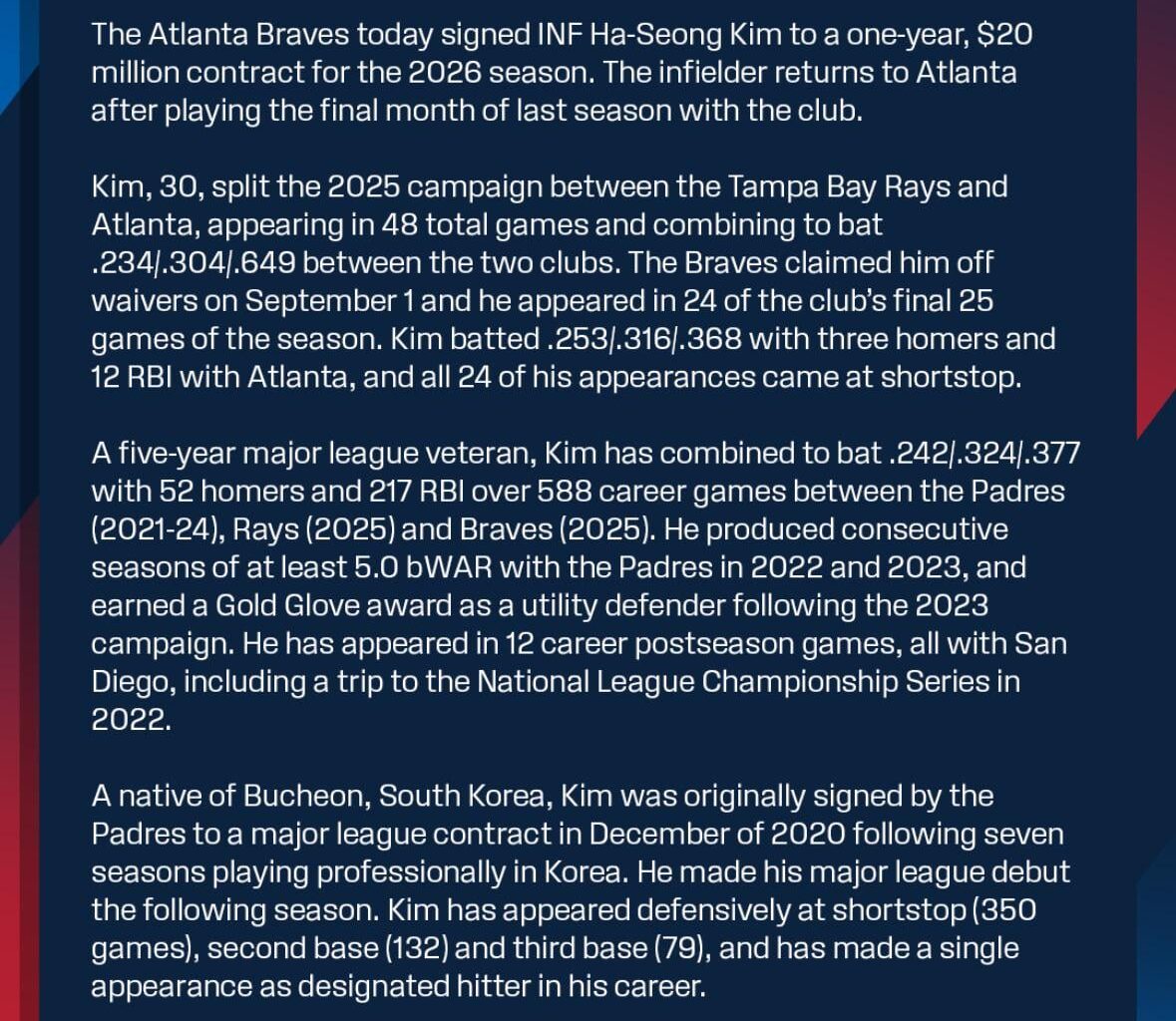 The standard “Agreed to donate 1% to the Atlanta Braves Foundation” is conspicuously missing from the official Braves announcement.