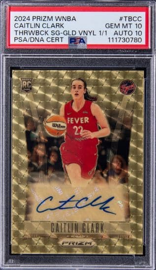 2024 Panini Prizm WNBA Throwback Signatures Gold Vinyl Prizm #TB-CC Caitlin Clark Signed Rookie Card (#1/1) - PSA GEM MT 10, PSA/DNA GEM MT 10