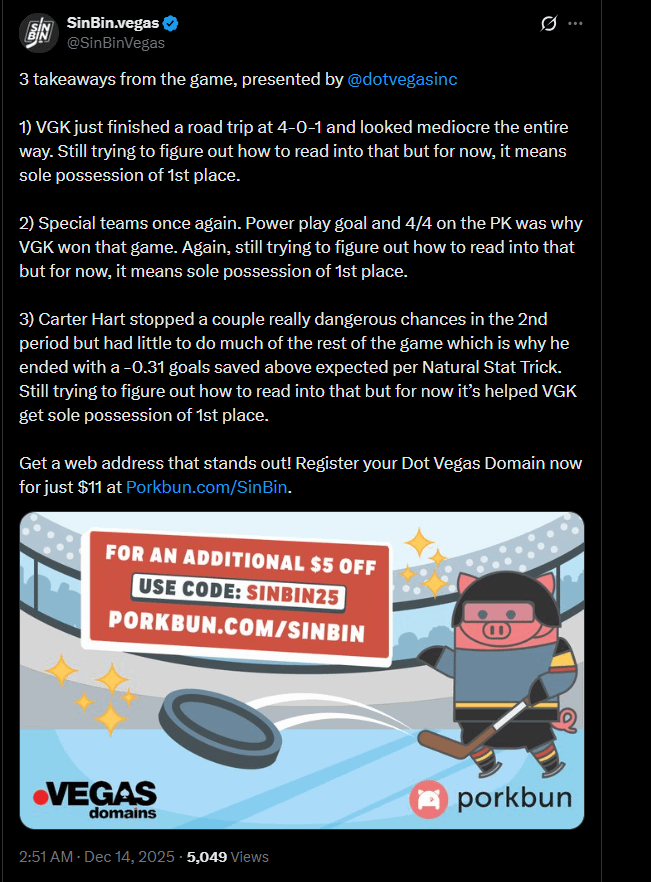 9 out of 10 points from road is not enough for some. Bias towards Hart is clearly there. Since he came, this guy is going after VGK so much