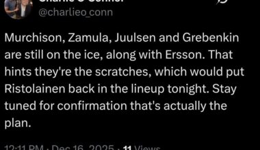[O'Connor] Murchison, Zamula, Juulsen and Grebenkin are still on the ice, along with Ersson. That hints they're the scratches, which would put Ristolainen back in the lineup tonight. Stay tuned for confirmation that's actually the plan.