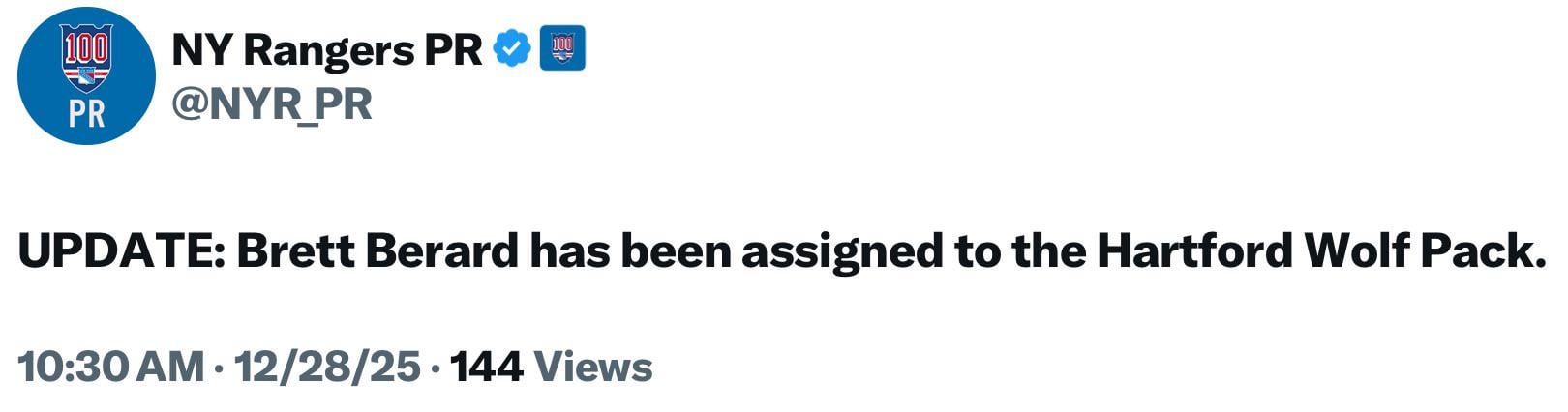 [NY Rangers PR] Brett Berard has been assigned to the Hartford Wolf Pack.