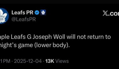 Maple Leafs G Joseph Woll will not return to tonight’s game (lower body).