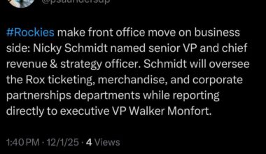 [Saunders] #Rockies make front office move on business side: Nicky Schmidt named senior VP and chief revenue & strategy officer. Schmidt will oversee the Rox ticketing, merchandise, and corporate partnerships departments while reporting directly to executive VP Walker Monfort.
