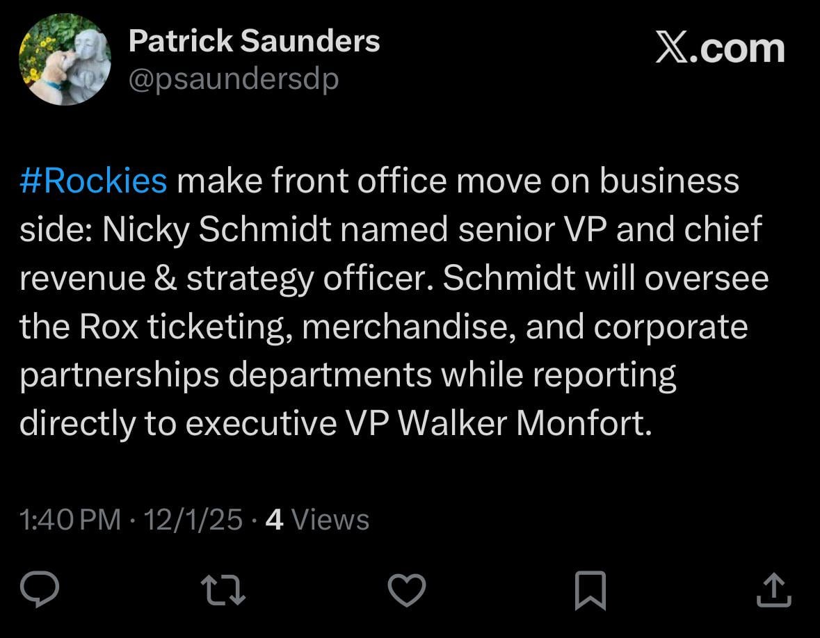[Saunders] #Rockies make front office move on business side: Nicky Schmidt named senior VP and chief revenue & strategy officer. Schmidt will oversee the Rox ticketing, merchandise, and corporate partnerships departments while reporting directly to executive VP Walker Monfort.