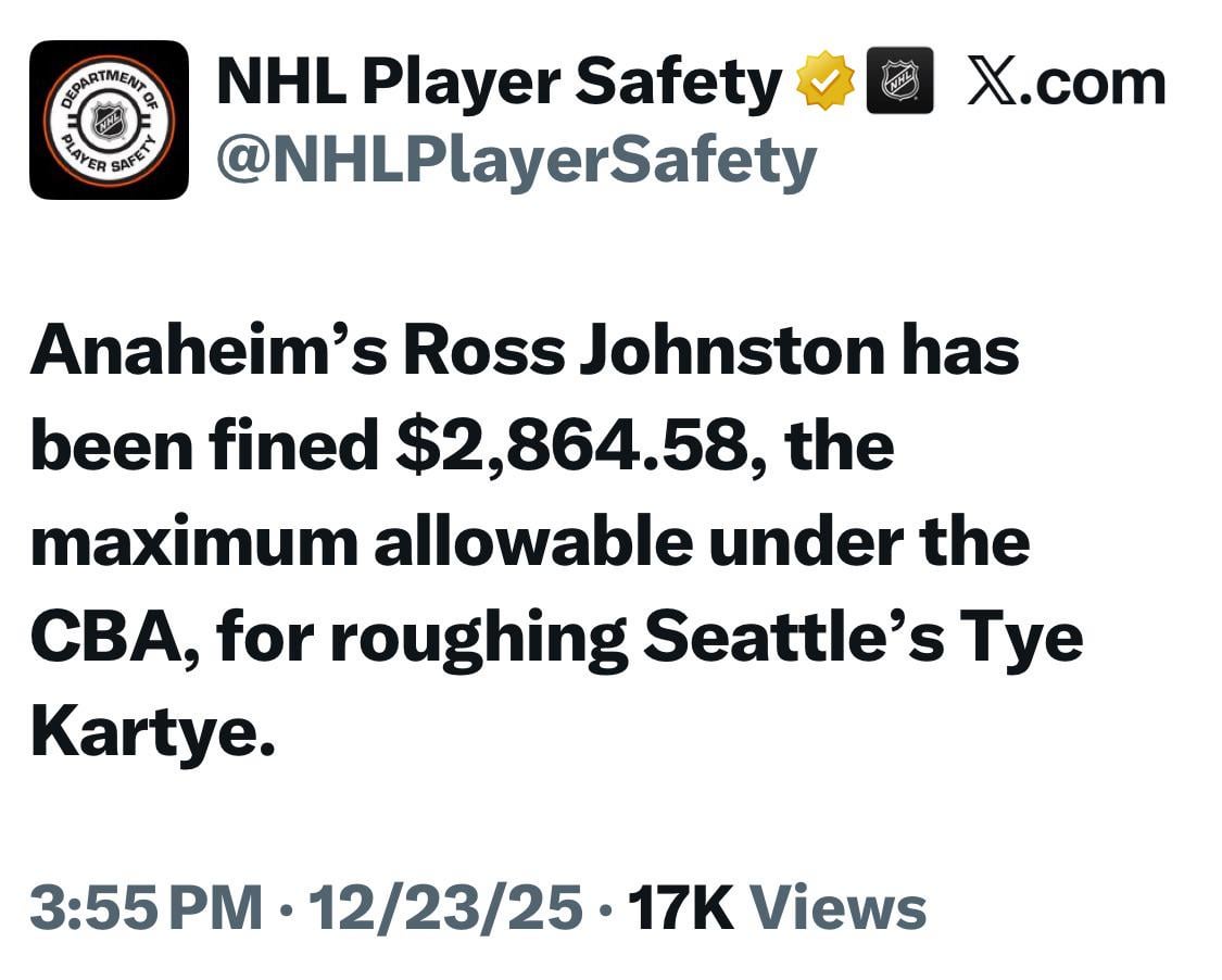[NHL Player Safety] Anaheim’s Ross Johnston has been fined $2,864.58, the maximum allowable under the CBA, for roughing Seattle’s Tye Kartye.