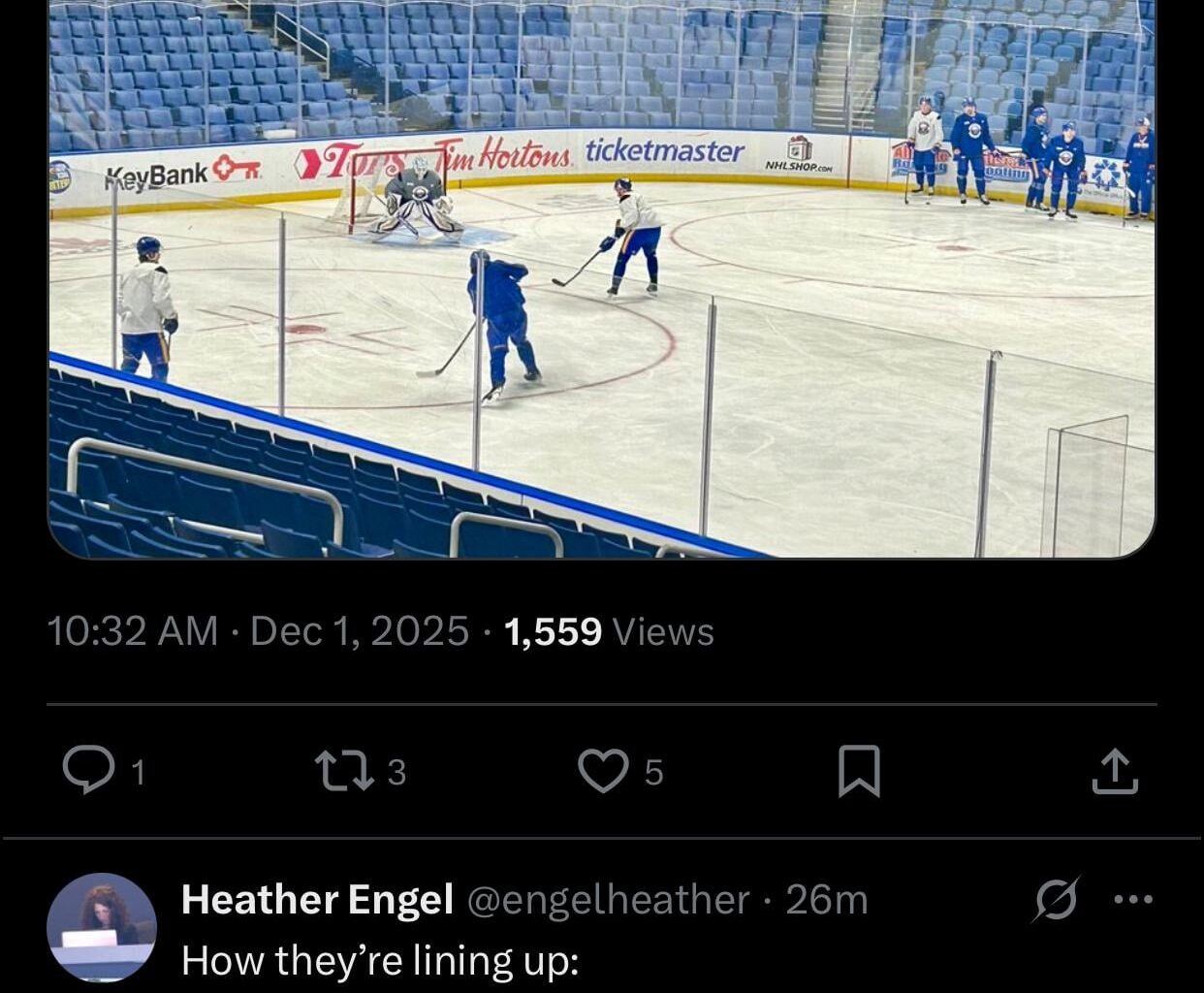 [Heather Engel] Greetings from the Sabres’ morning skate. Ukko-Pekka Luukkonen is in the starter’s net. [Norris is centering Tage and Benson]. Here’s how they’re lining up: