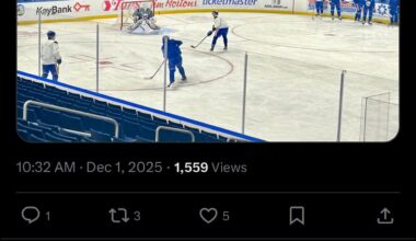 [Heather Engel] Greetings from the Sabres’ morning skate. Ukko-Pekka Luukkonen is in the starter’s net. [Norris is centering Tage and Benson]. Here’s how they’re lining up: