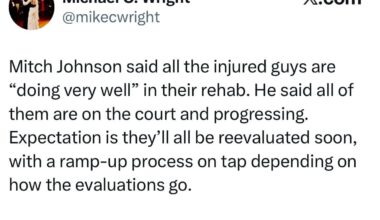 [Wright] Mitch Johnson said all the injured guys are “doing very well” in their rehab. He said all of them are on the court and progressing. Expectation is they’ll all be reevaluated soon, with a ramp-up process on tap depending on how the evaluations go.