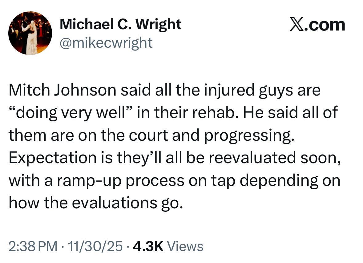 [Wright] Mitch Johnson said all the injured guys are “doing very well” in their rehab. He said all of them are on the court and progressing. Expectation is they’ll all be reevaluated soon, with a ramp-up process on tap depending on how the evaluations go.