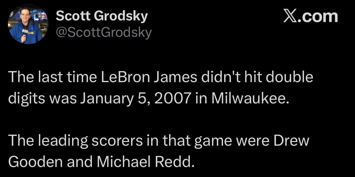 Before tonight, the last team to hold LeBron to under 10 points in a regular season game was the 06-07 Bucks