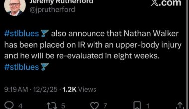Blues also announce that Nathan Walker has been placed on IR with an upper-body injury and he will be re-evaluated in eight weeks.