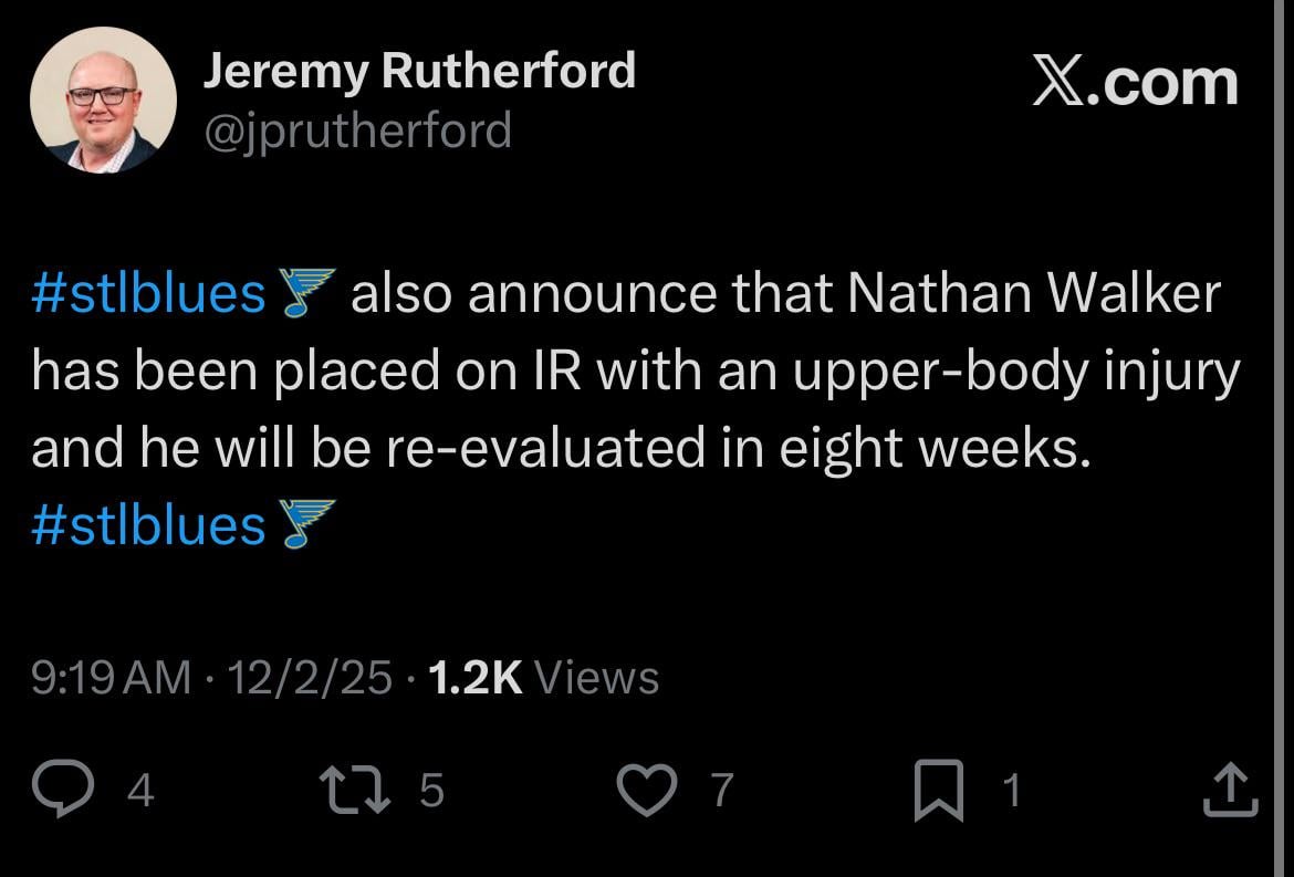 Blues also announce that Nathan Walker has been placed on IR with an upper-body injury and he will be re-evaluated in eight weeks.