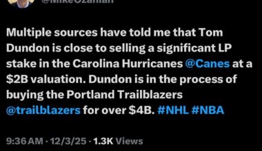 [MikeOzanian] “Multiple sources have told me that Tom Dundon is close to selling a significant LP stake in the Carolina Hurricanes Canes at a $2B valuation. Dundon is in the process of buying the Portland Trailblazers”