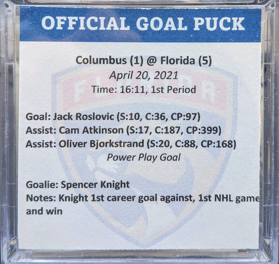 Stoked to land this game-used goal puck from Spencer Knight's NHL debut game!  His first and only goal allowed in his debut game + first career win on April 20th 2021.