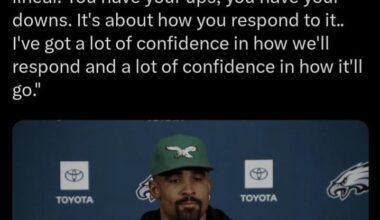 Jalen Hurts: "Success and greatness aren't linear. You have your ups, you have your downs. It's about how you respond to it.. I've got a lot of confidence in how we'll respond and a lot of confidence in how it'll go"