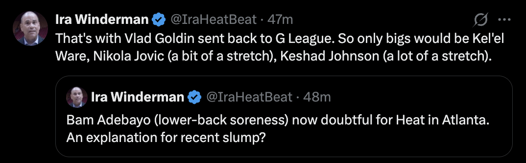 Update: Bam is doubtful // Niko is expected back