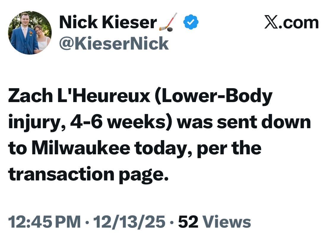 [Kieser] Zach L'Heureux (Lower-Body injury, 4-6 weeks) was sent down to Milwaukee today, per the transaction page.