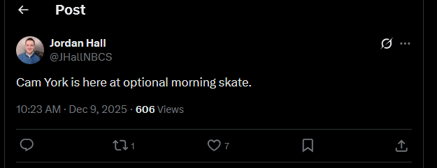 [Hall] Cam York is here at optional morning skate.