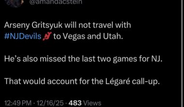 [Stein] Arseny Gritsyuk will not travel with #NJDevils to Vegas and Utah. He’s also missed the last two games for NJ. That would account for the Légaré call-up.