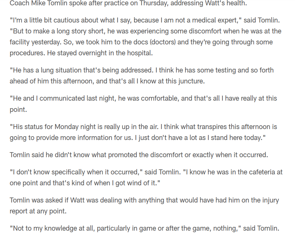 Tomlin gives a little update on T.J after today's practice and his chance of playing