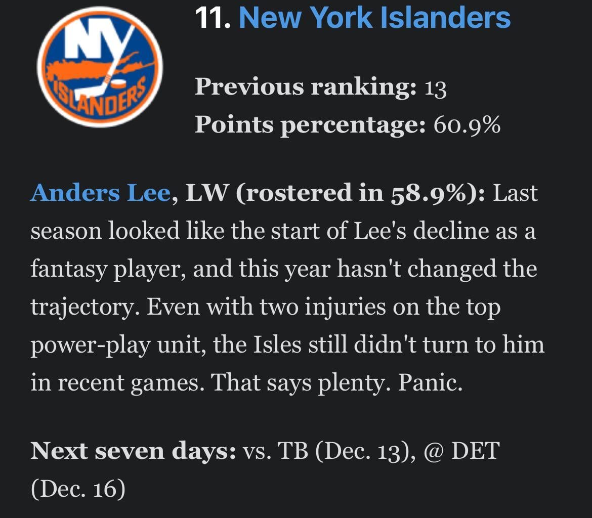 Do the ESPN Fantasy Power Rankings Writers even watch hockey?