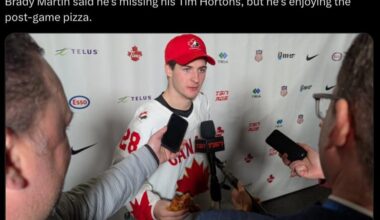 [Ellis] Brady Martin said he's missing his Tim Hortons, but he's enjoying the post-game pizza.