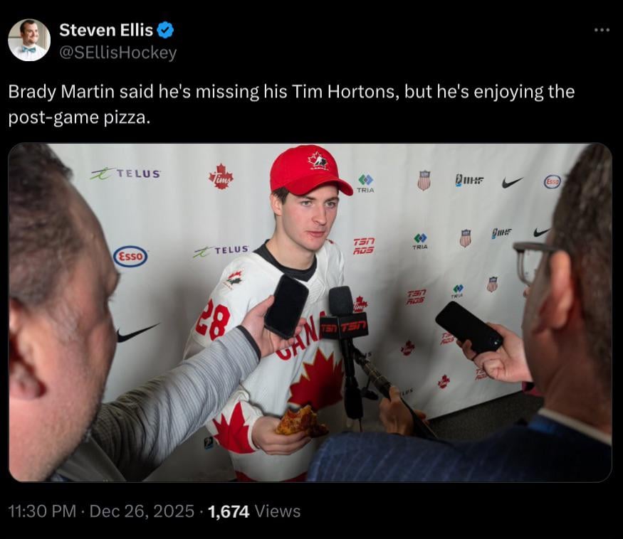 [Ellis] Brady Martin said he's missing his Tim Hortons, but he's enjoying the post-game pizza.