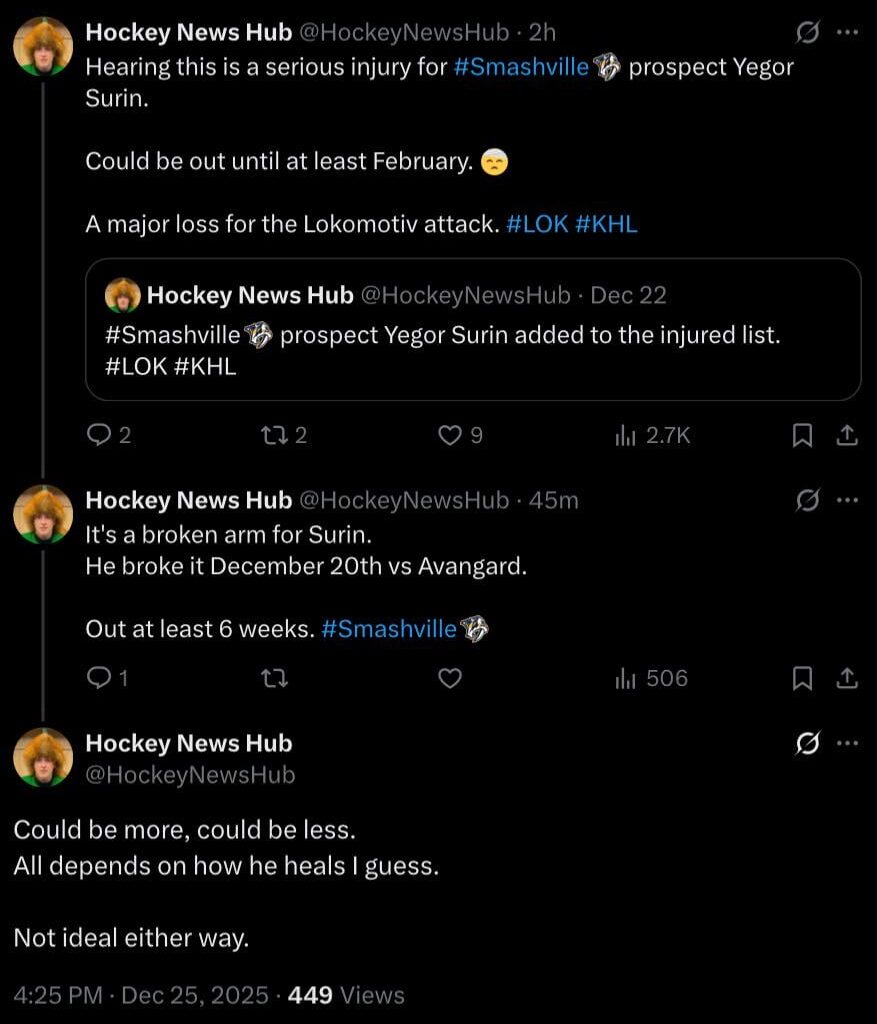 Surin is out at least 6 weeks with a broken arm