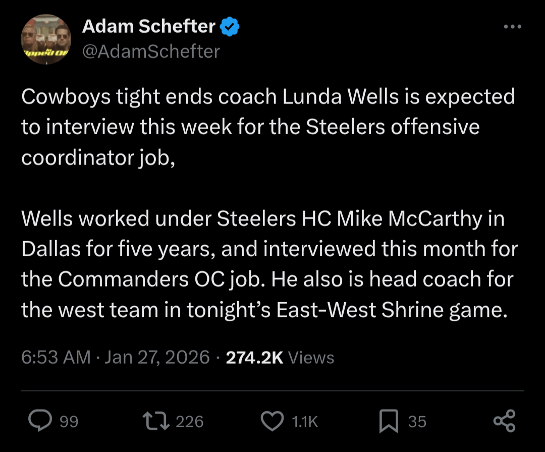 Cowboys tight ends coach Lunda Wells is expected to interview this week for the Steelers offensive coordinator job