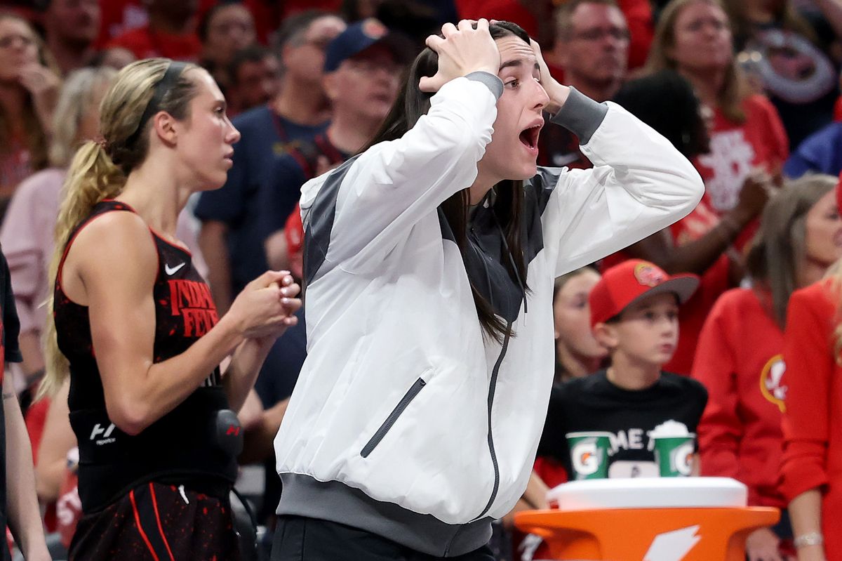 Caitlin Clark disagrees with a game official's call during the game against the Las Vegas Aces