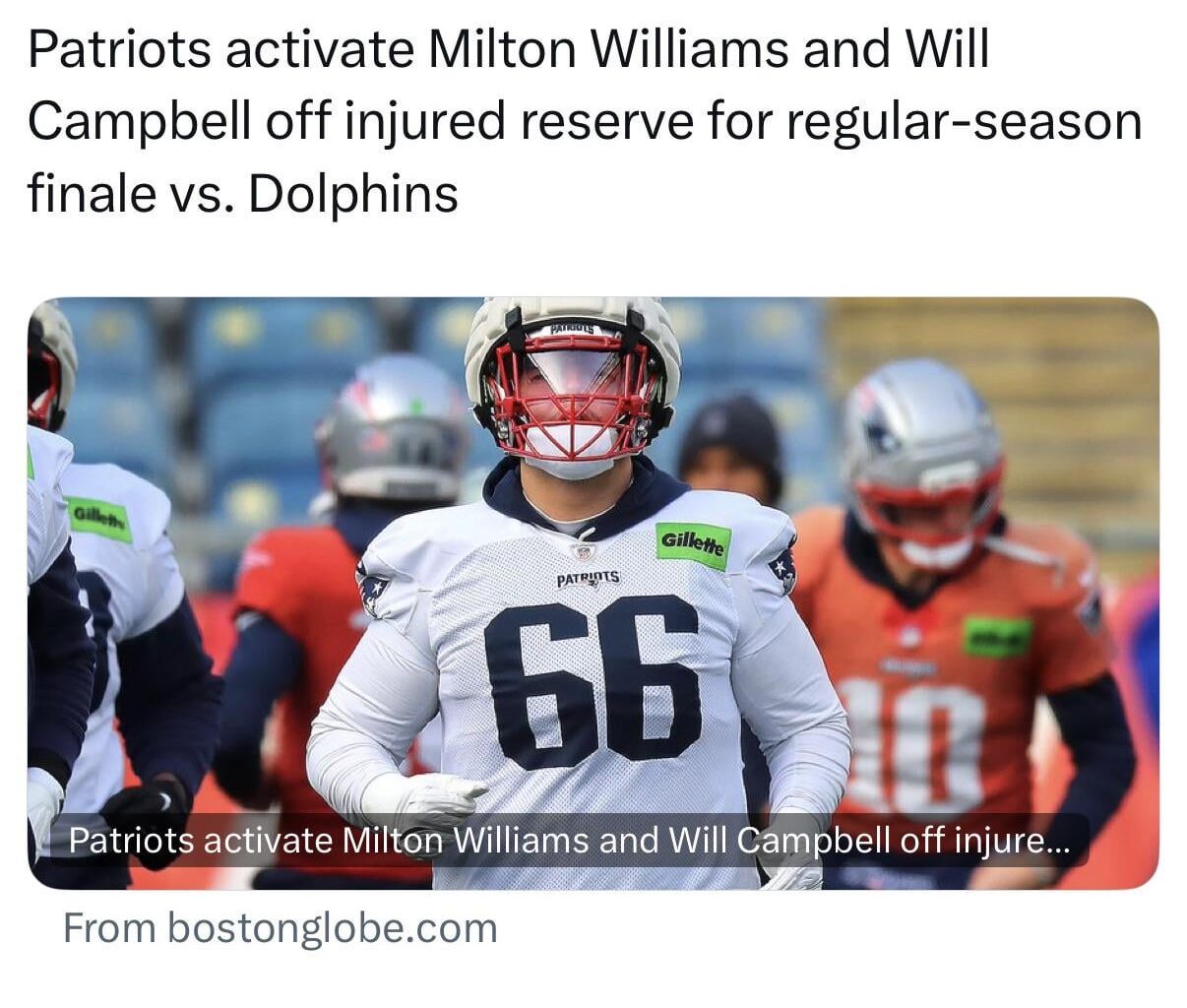 Patriots activate Milton Williams and Will Campbell off injured reserve for regular-season finale vs. Dolphins