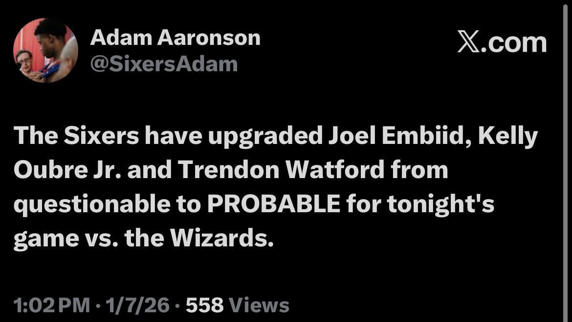 JOEL EMBIID, KELLY OUBRE, TRENDON WATFORD LISTED AS PROBABLE VS. WIZARDS