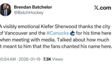 [Brendan Batchelor] A visibly emotional Kiefer Sherwood thanks the city of Vancouver and the Canucks  for his time here when meeting with media. Talked about how much it meant to him that the fans chanted his name here.