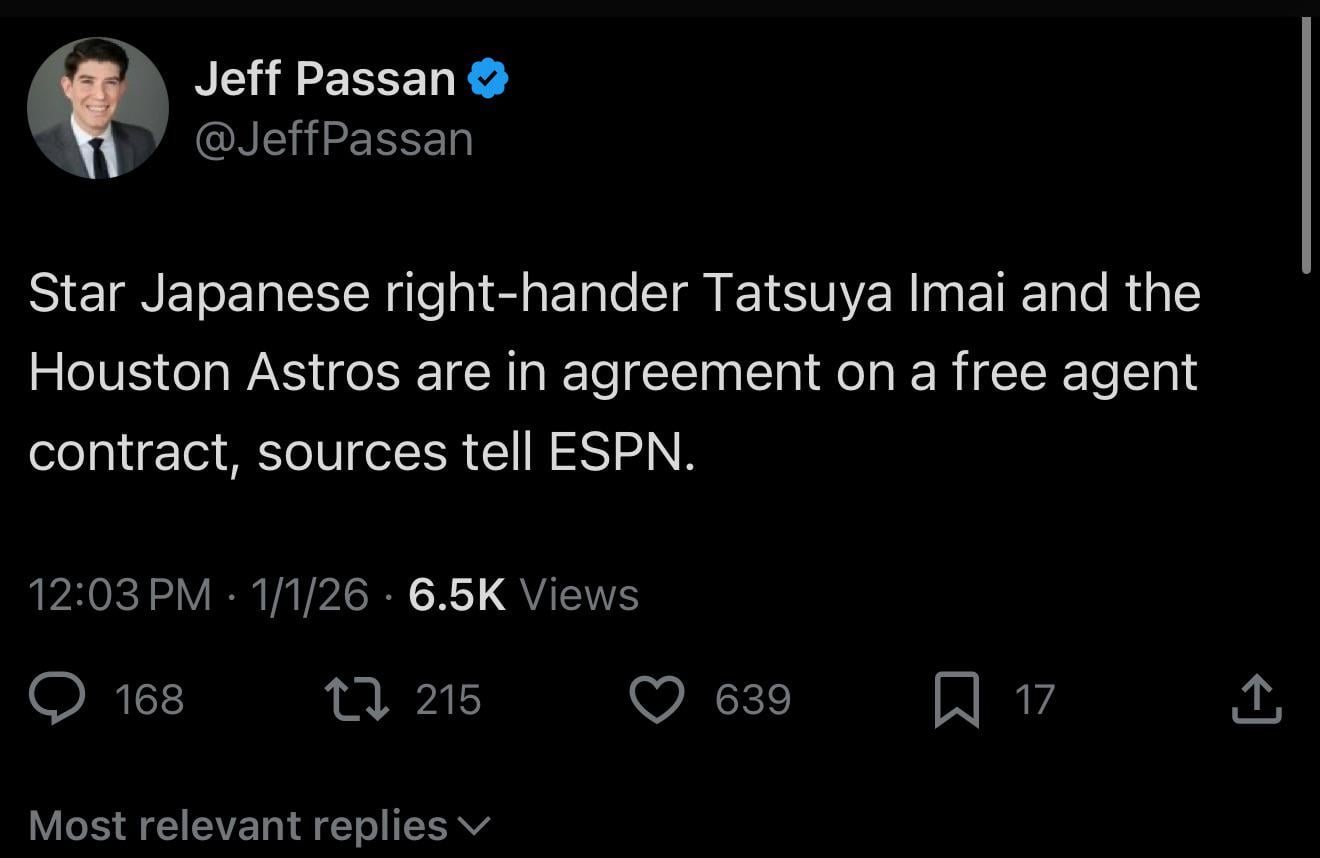 Passan: Star Japanese right-hander Tatsuya Imai and the Houston Astros are in agreement on a free agent contract, sources tell ESPN.