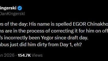 [Dan Kingerski] Biggest news of the day: His name is spelled EGOR Chinakhov not Yegor. The Penguins are in the process of correcting it for him on official records. He’s incorrectly been Yegor since draft day.