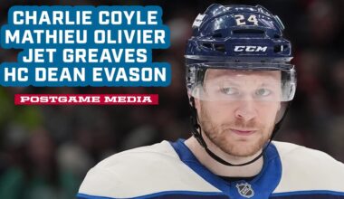 Charlie Coyle, Mathieu Olivier, Jet Greaves and HC Dean Evason -  CBJ vs. Devils | Postgame Media