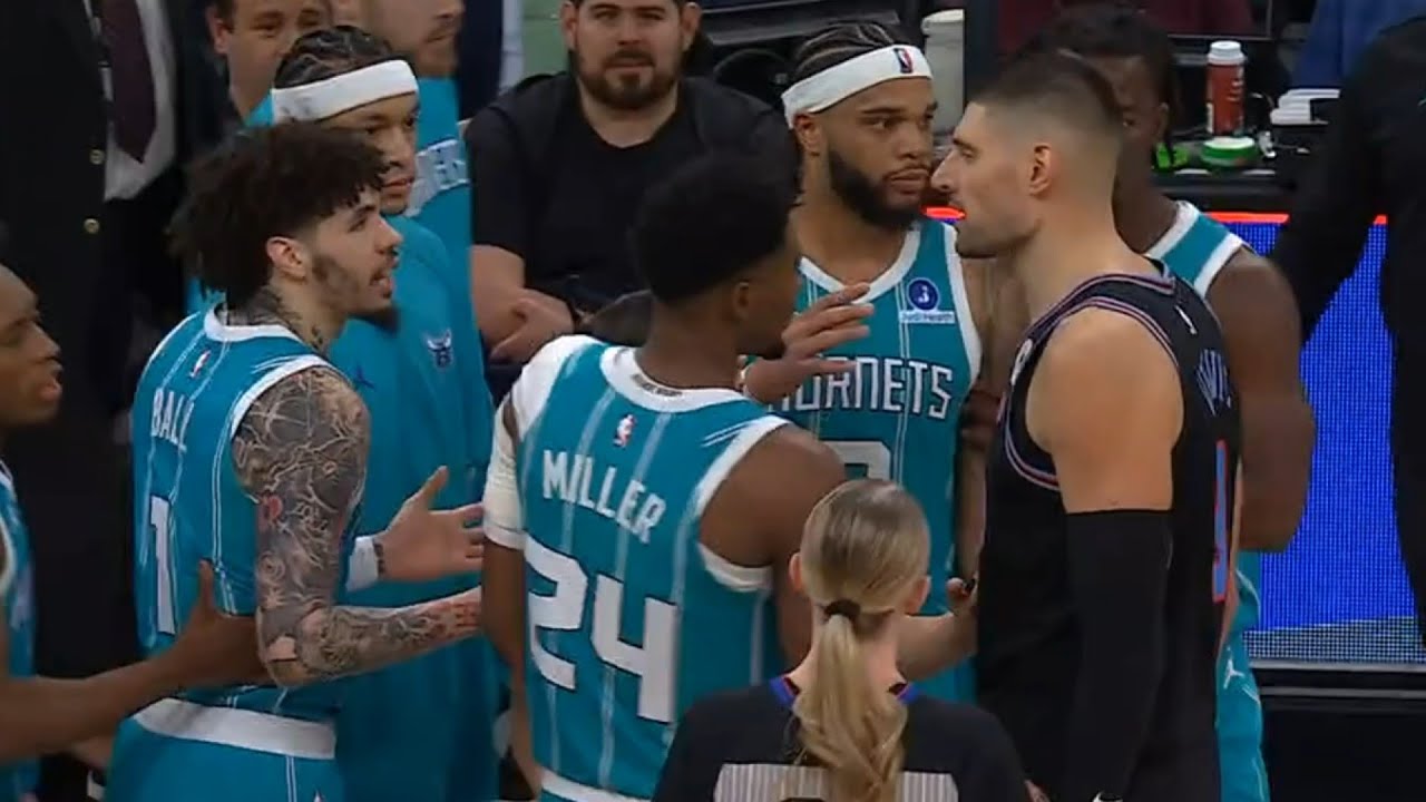 LaMelo Ball dunks with 10 secs left in game and Nikola Vucevic was heated