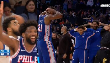 Joel Embiid celebrates first dunk of season and thrusts with 76ers bench 😂