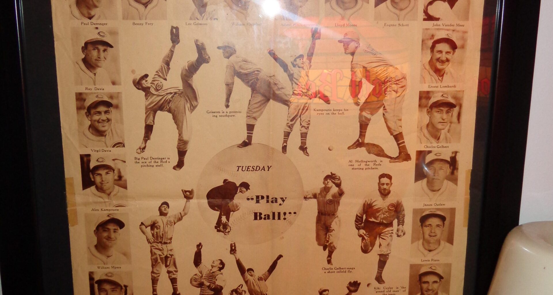 1937 Cincinnati Enquirer Reds Full Page Insert with Action Shots, Found at a yard sale taped to cardboard in remarkably good condition.