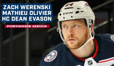 Zach Werenski, Mathieu Olivier and Head Coach Dean Evason - Blue Jackets @ Sharks | Postgame Media