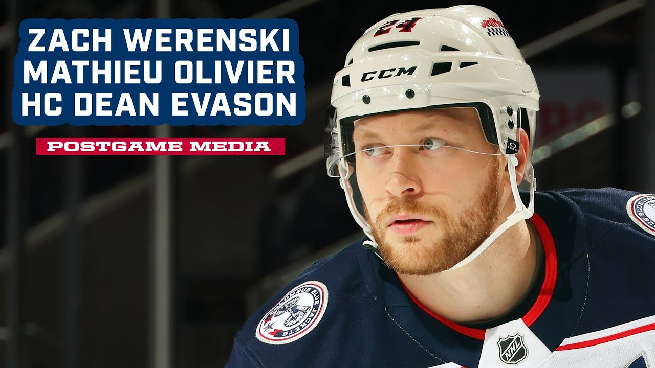 Zach Werenski, Mathieu Olivier and Head Coach Dean Evason - Blue Jackets @ Sharks | Postgame Media